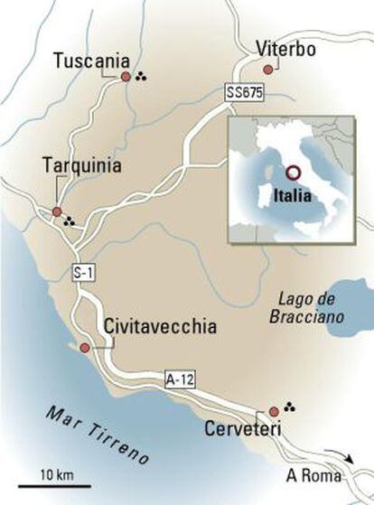Mapa de Tarquinia, Cerveteri y Tuscania, en Italia.