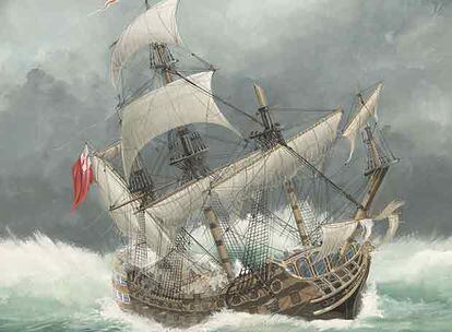 Representación moderna del <b>naufragio del </b><i>HMS Sussex</i> pintado por John Batchelor.