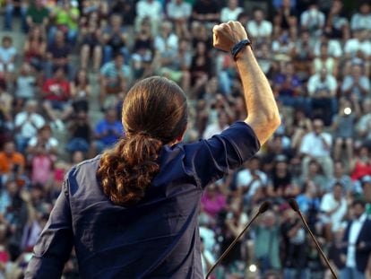 El exlíder de Podemos, Pablo Iglesias, durante su participación en un mitin en Badalona en 2015.