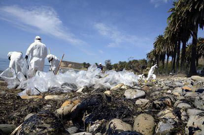 Bolsas con restos de crudo entre las piedras de la playa Refugio. El vertido ocupa ya seis kilómetros de costa de la popular zona de Goleta, en el condado de Santa Bárbara.