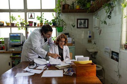 Laura Lagrutta (derecha) y Nicolás Castiglioni, ambos neumólogos especializados en tuberculosis pediátrica, charlan en la consulta de Lagrutta en el Instituto Doctor Raúl Vaccarezza de Buenos Aires, Argentina, el 26 de marzo de 2019. "La tuberculosis es el efecto secundario de la pobreza", denuncia Lagrutta. 