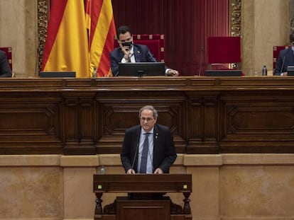 Quim Torra, en el pleno del Parlament sobre la Monarquía, este viernes.