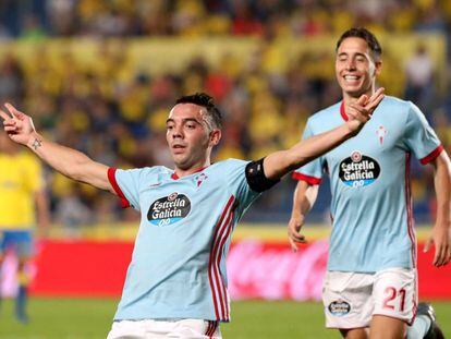 Iago Aspas y Emre Mor celebran el segundo gol del Celta en Gran Canaria.