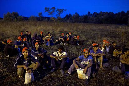 Migrantes y refugiados esperan en la frontera entre Serbia y Hungría.