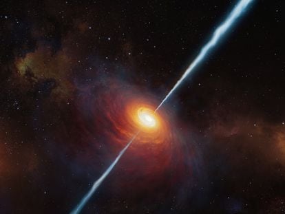 La impresión de este artista muestra cómo podrían haber sido el lejano quásar P172+18 y sus chorros de radio. Hasta la fecha (principios de 2021), este es el cuásar con chorros de radio más distante jamás encontrado y fue estudiado con la ayuda del Very Large Telescope de ESO.
