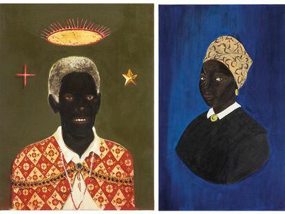 Retratos de Chico Rei (izquierda), del artista Antonio Oba, y de Afra Joaquina Vieira Muniz, de la artista Monica Ventura.