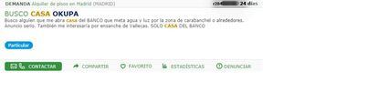 Un anuncio visto este lunes en milanuncios, donde se busca una casa para okupar que pertenezca a una entidad bancaria.