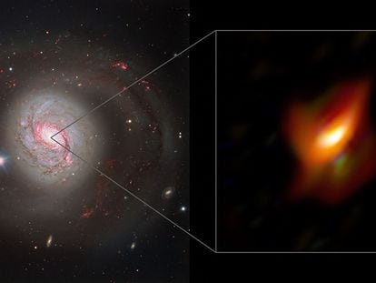 This handout image released by The European Southern Observatory (ESO) on February 16, 2022, shows, in the left panel, a view of the active galaxy Messier 77 captured with the FOcal Reducer and low dispersion Spectrograph 2 (FORS2) instrument on ESO�s Very Large Telescope, and, in the right panel, a blow-up view of the very inner region of this galaxy, its active galactic nucleus, as seen with the MATISSE instrument on ESO�s Very Large Telescope Interferometer. - For the first time, astronomers have a detailed image of an active galactic nucleus, the structure of dust and gas surrounding a supermassive black hole, allowing a better understanding of the functioning of these objects which are among the most luminous in the Universe. The brightness of this nucleus largely eclipses that of the galaxy NGC1068, also called M77, at the centre of which it is. Discovered more than two centuries ago, it is only now that astronomers led by Violeta Gamez-Rosa, from the Dutch University of Leiden, unveil its core in great detail, in a study published in Nature. (Photo by European Southern Observatory / AFP) / RESTRICTED TO EDITORIAL USE - MANDATORY CREDIT "AFP PHOTO / EUROPEAN SOUTHERN OBSERVATORY / Violeta Gamez Rosas, Walter Jaffe et al." - NO MARKETING - NO ADVERTISING CAMPAIGNS - DISTRIBUTED AS A SERVICE TO CLIENTS