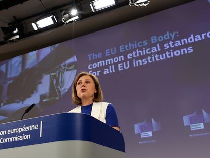 La vicepresidenta de la Comisión Europea para Valores y Transparencia, Vera Jourová, este jueves en Bruselas.