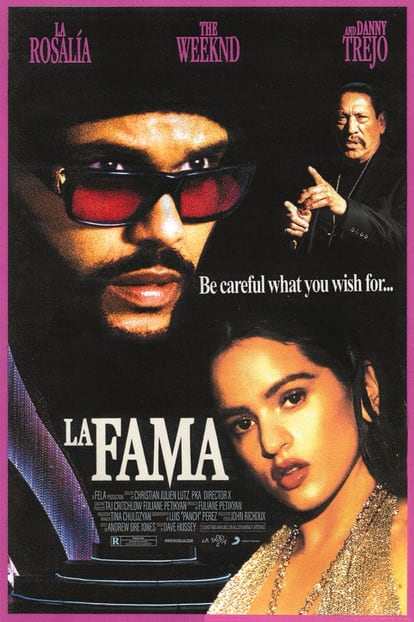 El cartel, simulando una película, con los créditos del vídeo de 'La fama'. 