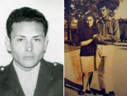 Luis Ceccón en un retrato con su uniforme de policía y en otra fotografía, tomando de la mano a su esposa en un parque.
