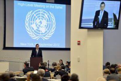 Imagen facilitada por la Presidencia del Gobierno del titular del Ejecutivo español, Mariano Rajoy, durante su intervención en la reunión de alto nivel sobre el Sahel, en el marco de su asistencia a la sesión inaugural de la Asamblea General de Naciones Unidas, en Nueva York.