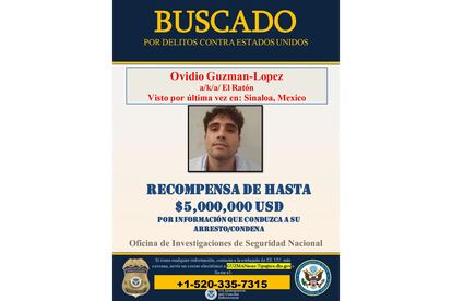 Un póster con la recompensa que pide EE UU por Ovidio Guzmán.