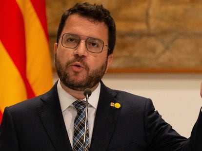 El presidente de la Generalitat, Pere Aragonès, en una comparecencia ante la prensa este jueves en el Palau.