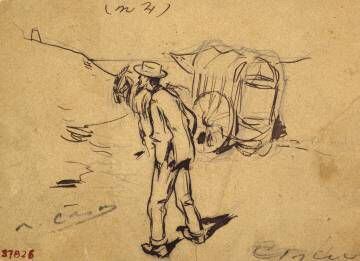 uno de los esbozos de Ramon Casas, (aquí con Santiago Rusiñol, el carro y el viejo caballo 'Maxs'), que luego servían, ya acabados, para ilustrar los artículos.