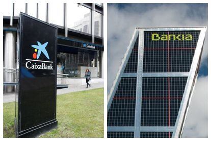 Carteles en las sedes de CaixaBank y Bankia.