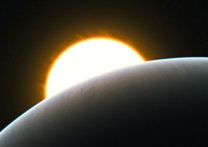 Ilustración del planeta extrasolar HD209458b, alrededor de su estrella, donde el viento alcanza los 10.000 kilómetros por hora