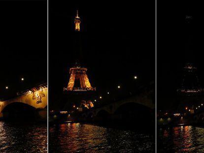 Momento, en tres fotografías, en que la Torre Eiffel se apaga.