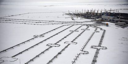 Vista de las tuberías del campo de gas ruso Bovanenkovo, en la península de Yamal, tomada en 2019.