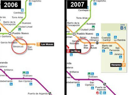 A la izquierda, detalle del plano oficial del metro de Madrid editado en 2006 donde aparece la estación de Simancas. A la derecha, detalle del plano actual del metro (de mayo de 2007) donde aparecen las nuevas estaciones pero ha sido omitida la de Simancas, cuyo nombre coincide con el apellido del candidato socialista a la Comunidad de Madrid. (Las fechas y los círculos sobre los mapas han sido añadidas digitalmente por ELPAIS.com).