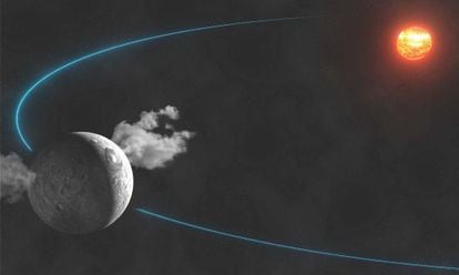 Ilustraci&oacute;n de dos chorros de vapor de agua en el planeta menor Ceres. 