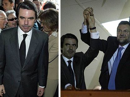 Aznar y su esposa, Ana Botella, en el colegio electoral donde votaron. A la derecha, junto a Rajoy en la sede del PP, tras la derrota del 14-M.