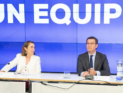 La secretaria general del Partido Popular, Cuca Gamarra, y el presidente del PP, Alberto Núñez Feijóo, durante la reunión del Comité Ejecutivo Nacional del PP, este lunes.