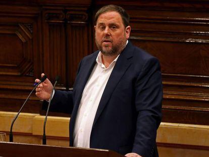 Oriol Junqueras, durante su intervenci&oacute;n en la sesi&oacute;n de debate.