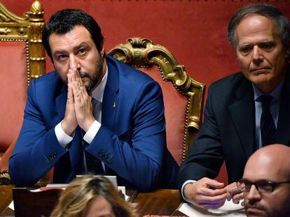 El ministro del Interior y Vicepresidente de Italia, Matteo Salvini, durante el debate de investidura en el Senado.
