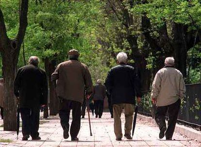 Un grupo de mayores camina por el paseo del Pintor Rosales.