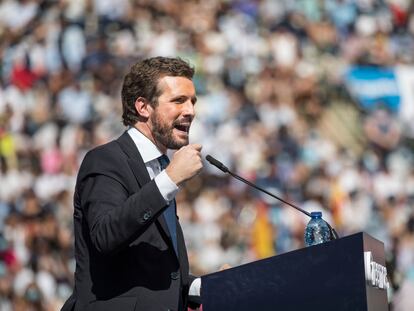 Pablo Casado, en el acto de clausura de la convención nacional del PP, este domingo en la Plaza de Toros de Valencia.