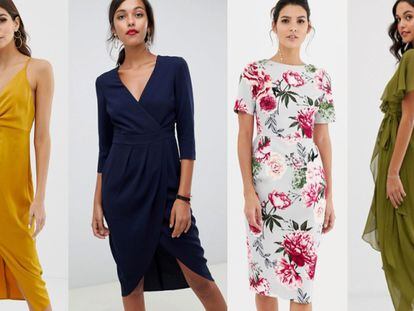 De izquierda a derecha: vestido de satén, vestido con falda cruzada, vestido midi de flores y vestido largo vaporoso. Todos se pueden encontrar en Asos