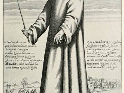 Grabado de Paul Fürst que representa a un médico de la peste negra (1656).
