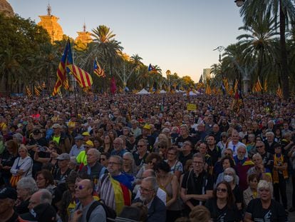 Concentración independentista en Barcelona por el quinto aniversario del referéndum ilegal del 1-O, el sábado.