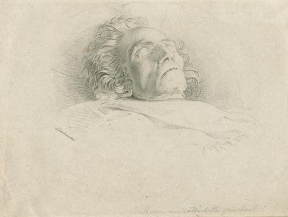 "Beethoven en su lecho de muerte", 29 de marzo de 1827. Litografía de Josef Danhauser a partir de su propio dibujo.