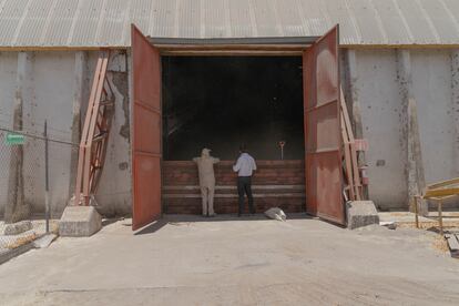 Dos trabajadores observan cómo se llena una bodega con granos de maíz, el 23 de mayo en Navolato (Sinaloa).