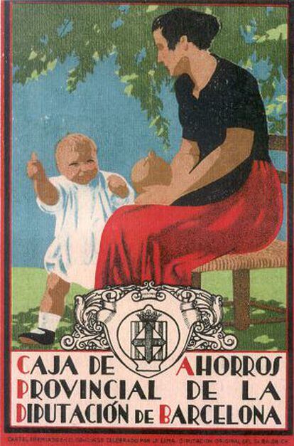 Cartell de Caixa Catalunya que simbolitza la clara finalitat social i obrera d’aquestes entitats en els seus orígens.