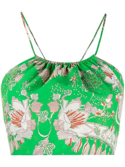 Si buscas una prenda de estampado bucólico y diseño de infarto, este top con tirantes cruzados en la espalda y de corte crop de Emilio Pucci es justo lo que buscas. 320€.