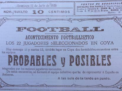 Cartel que anunciaba la celebración de un partido con los jugadores seleccionados para los Juegos Olímpicos de Amberes 1920.