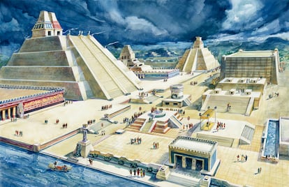 Representación del antiguo Templo Mayor en Ciudad de México, en una ilustración de 1900.