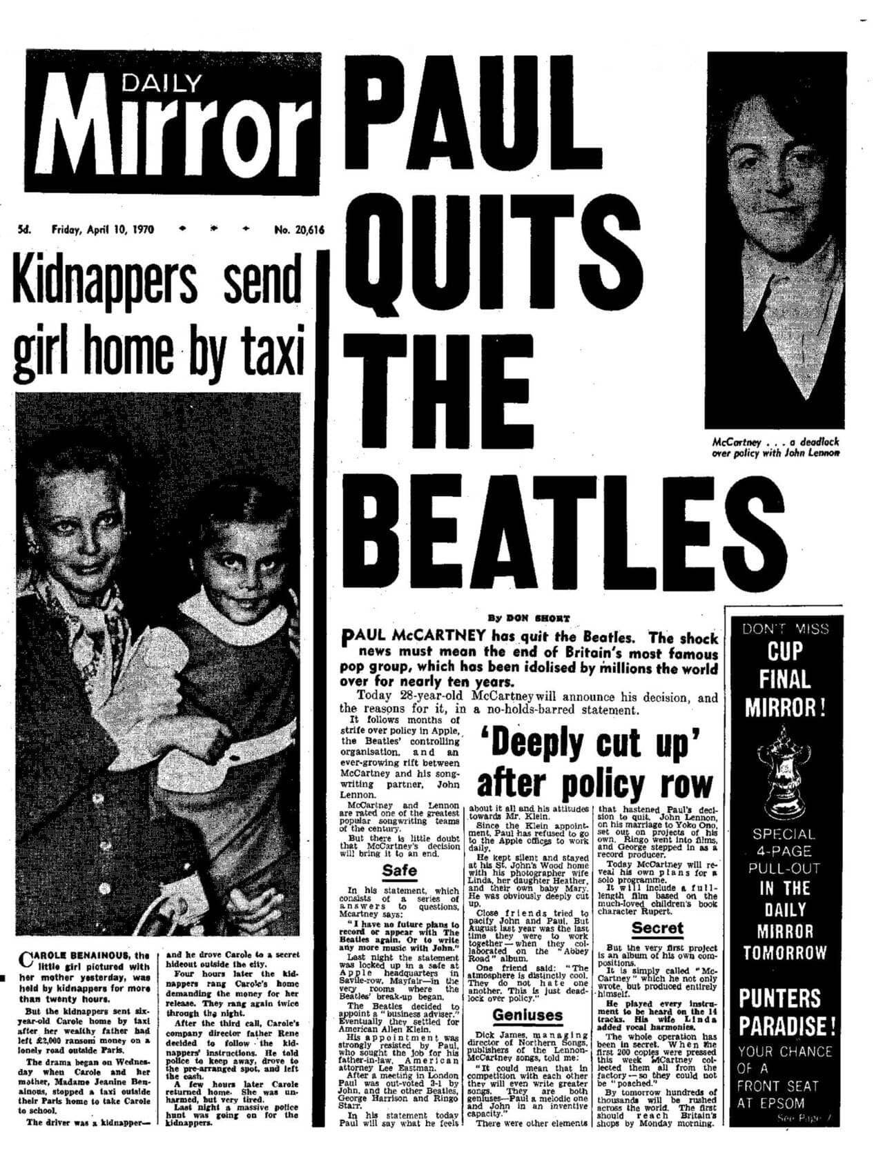 La edición de 'Daily Mirror' del 10 de abril de 1970 con el titular: 
