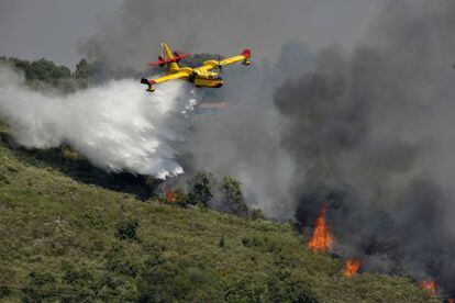 Un avión lucha contra el fuego en Cudeiro (Ourense)