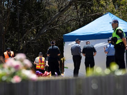 La policía australiana inspecciona el castillo hinchable en Devonport (Tasmania) en el que se ha producido el accidente.