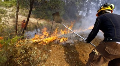 Un brigadista apaga las llamas en el incendio de La Torrre de les Maçanes el pasado domingo 12 de agosto