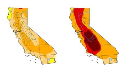 These maps show decreasing drought severity in the state of California: on the left with data from January 12 and on the right with data from October 2022.