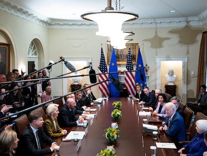 Reunión del presidente de EE UU, Joe Biden, con distintos representantes de la Unión Europea en la Casa Blanca este viernes.