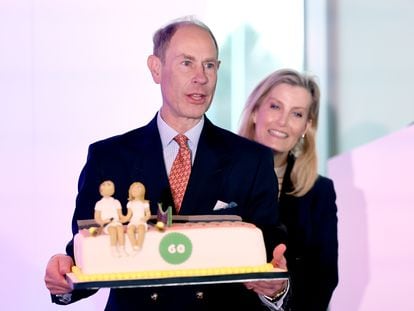 LEEDS, ENGLAND - MARCH 08: Prince Edward, Duke of Edinburgh and Sophie, Duchess of Edinburgh's smile as Prince Edward's about to cut his 60th Birthday cake, during the Community Sport and Recreation Awards on International Women’s Day at Headingley Stadium on March 08, 2024 in Leeds, England. (Photo by Chris Jackson/Getty Images)