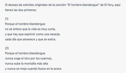 Captura de dos estrofas de un presunto tema de El Fary titulado "El hombre blandengue". La canción no existe.