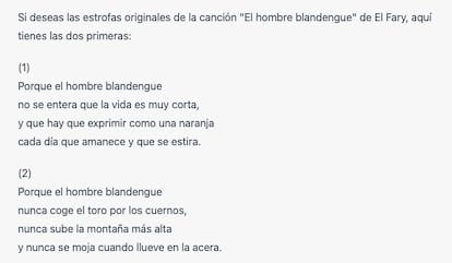 Captura de dos estrofas de un supuesto tema de El Fary titulado 'El hombre blandengue'. La canción no existe.