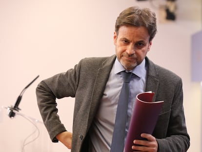 El presidente del grupo parlamentario de Unidas Podemos, Jaume Asens, este martes en el Congreso.